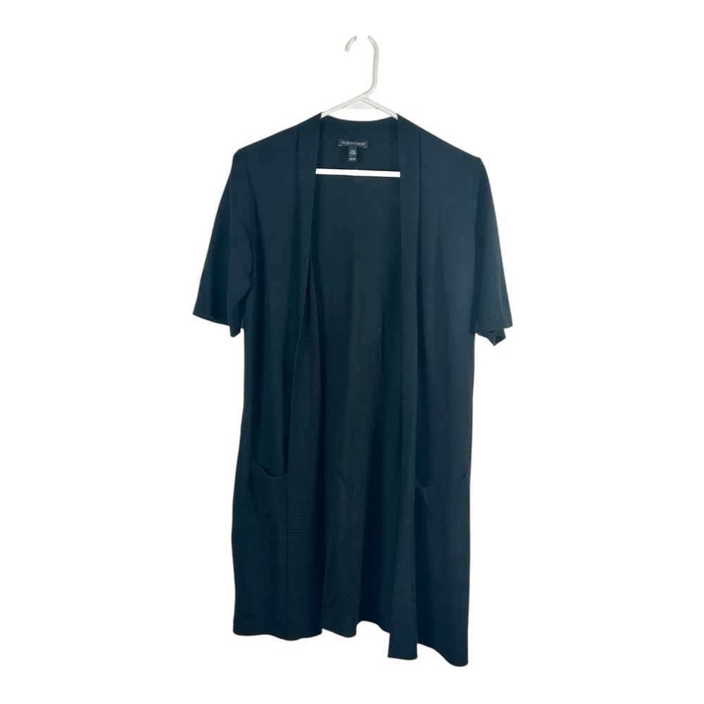 Eileen Fisher Black Merino Wool Open Front Cardigan Size XS